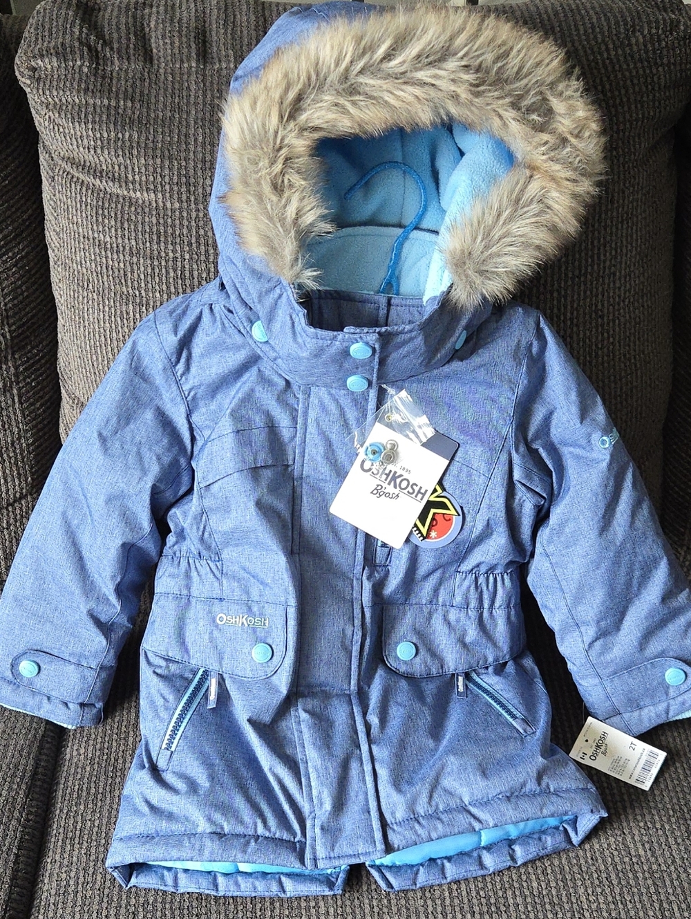 NWT Girls Blue Winter Parka With Faux Fur Hood By Osh Kosh (2T)